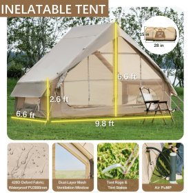 Inflatable Tent With Pump,Glamping Tents For 4-6 Person, Easy Setup 4 Season Waterproof Outdoor Tent