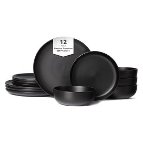 12-Piece Stoneware Dinner Plates Bowls Sets | Microwave & Dishwasher Safe | Non-Toxic Dinner Plates Bowls Set | Stackable Matte Glaze Kitchenware (Main Material: Stone, Main Color: Black)