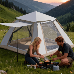 Family Quick-opening Tent 84.6L X 84.6W X 55.9H Tent Instant Camping Rainproof Tent 2-4 Person Tent Outdoor Tent Camping Tent  Hiking Tent Campin (Option: Off white-240x240x154cm)