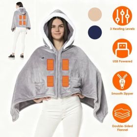 Wearable Heated Throw Blanket Double-Sided Flannel Portable Electric Heating Hoodie For Women Men Machine Washable 3 Heating Levels Battery Opera (Option: Grey)
