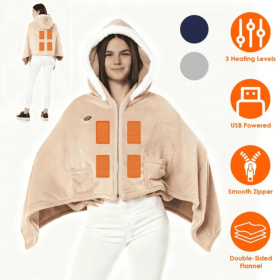 Wearable Heated Throw Blanket Double-Sided Flannel Portable Electric Heating Hoodie For Women Men Machine Washable 3 Heating Levels Battery Opera (Option: Beige)